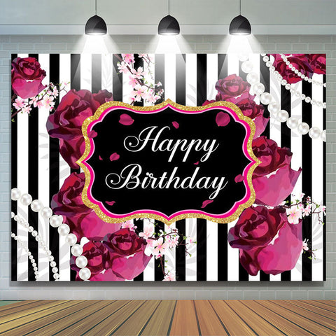 Toile de fond de joyeux anniversaire de roses ¨¤ rayures noires et blanches