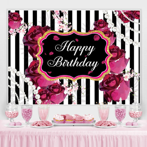 Toile de fond de joyeux anniversaire de roses ¨¤ rayures noires et blanches