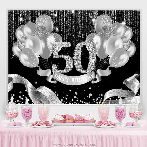 Ballons en argent noir joyeux 50e anniversaire toile de fond