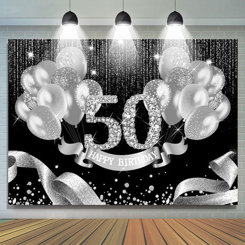 Ballons en argent noir joyeux 50e anniversaire toile de fond