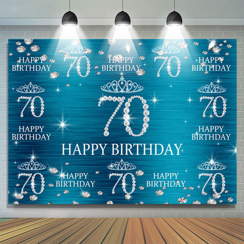 Couronne bleue et scintillante Joyeux 70e anniversaire Toile de fond