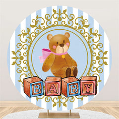 Toile De Fond De Baby Shower Ours En Peluche Rond Bleu Et Doré