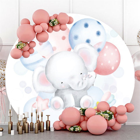 Ballons bleus et roses, toile de fond ronde pour fête prénatale en forme d'éléphant