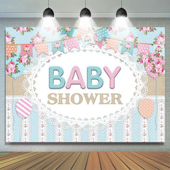 Toile de fond de douche de bébé sur le thème des drapeaux de fleurs bleues et roses