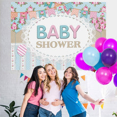 Toile de fond de douche de bébé sur le thème des drapeaux de fleurs bleues et roses