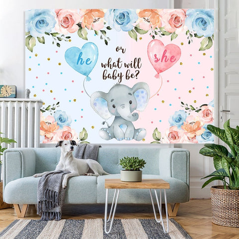 Toile de fond de douche de bébé éléphant bleu et rose il ou elle