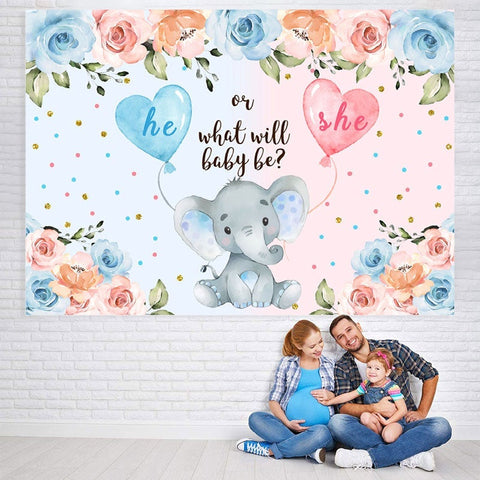 Toile de fond de douche de bébé éléphant bleu et rose il ou elle