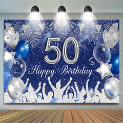 Toile de fond du 50e anniversaire des ballons à paillettes bleues et argentées