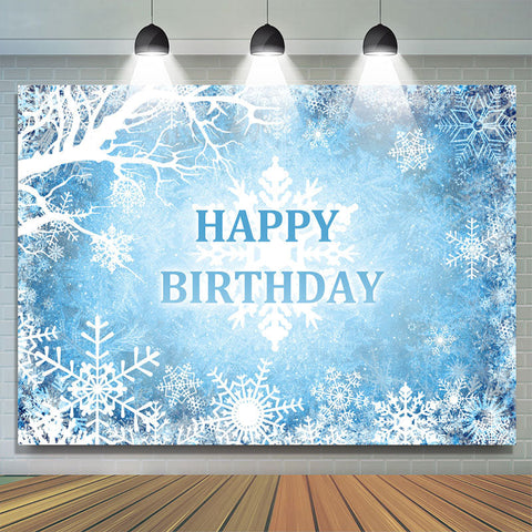 Toile de fond joyeux anniversaire hiver enneigé bleu et blanc