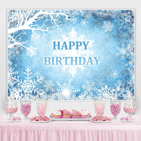 Toile de fond joyeux anniversaire hiver enneigé bleu et blanc