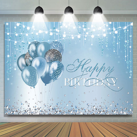 Ballons Bleus Diamants Guirlandes Lumineuse Toile De Fond Joyeux Anniversaire