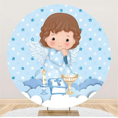 Toile de fond ronde avec étoiles et anges, cercle bleu, pour fête prénatale