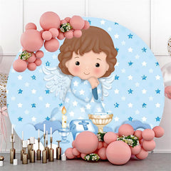 Toile de fond ronde avec étoiles et anges, cercle bleu, pour fête prénatale