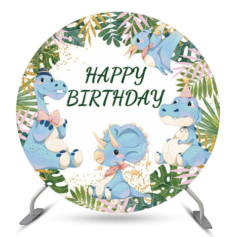 Blue Dinosuar Green Leaves Toile de fond d'anniversaire garçon rond