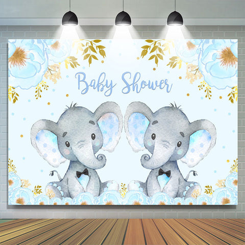 Toile de fond de douche de bébé éléphant bleu et floral pour jumeaux