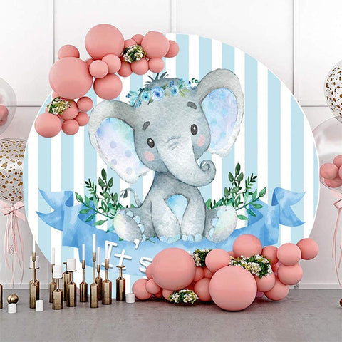 Toile de fond ronde florale de fête de naissance d'éléphant bleu pour garçon