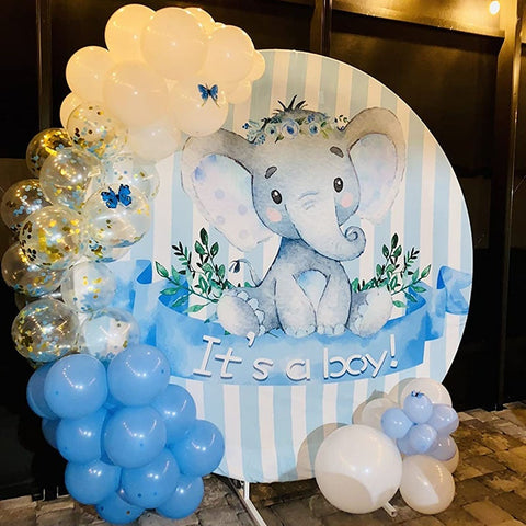 Toile de fond ronde florale de fête de naissance d'éléphant bleu pour garçon