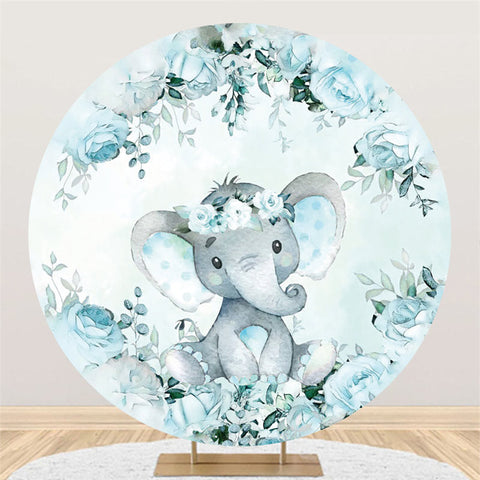 Toile de fond de douche de bébé ronde florale couronne d'éléphant bleu