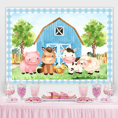 Toile de fond de photo d'animal de dessin animé de ferme bleue pour les enfants