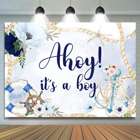 Toile de fond floral bleu Ahoy It A Boy pour baby shower