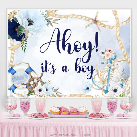 Toile de fond floral bleu Ahoy It A Boy pour baby shower