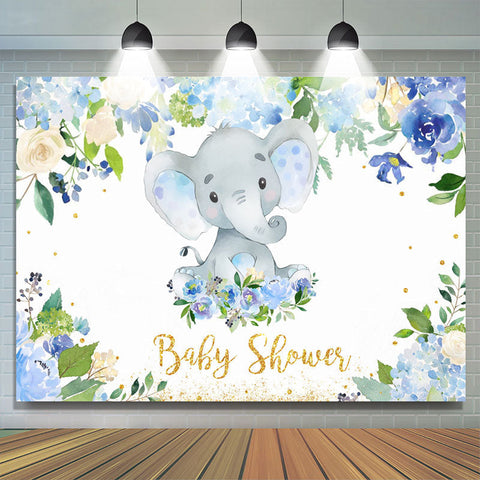 Toile de fond de douche de bébé floral bleu et bébé éléphant