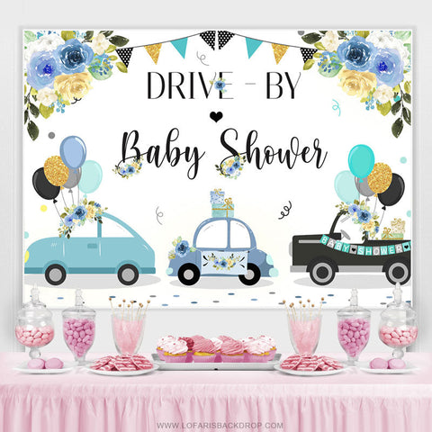 Blue Floral And Balloon Car Drive par toile de fond de douche de bébé