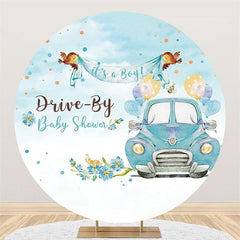 Floral bleu et voiture c'est un fond de fête de naissance rond garçon
