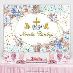 Toile de fond de baptême Blue Floral Dove Cross Mi Bautizo