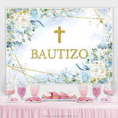 Toile de fond de douche de bébé Bautizo à paillettes dorées florales bleues