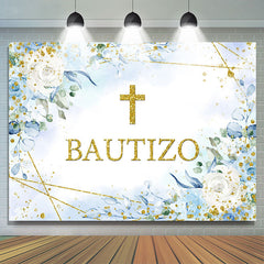 Toile de fond de douche de bébé Bautizo à paillettes dorées florales bleues