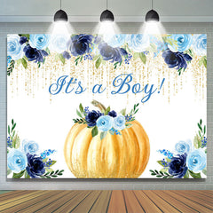 Toile de fond de douche de bébé citrouille paillettes or floral bleu