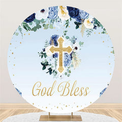 Toile de fond ronde pour fête prénatale, motif Floral bleu doré, Dieu bénisse