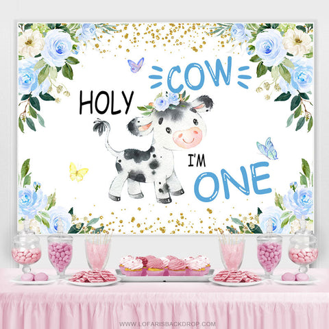 Toile de fond de joyeux 1er anniversaire de vache sacrée florale bleue