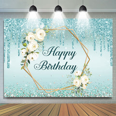 Paillettes bleues et toile de fond de fête joyeux anniversaire floral