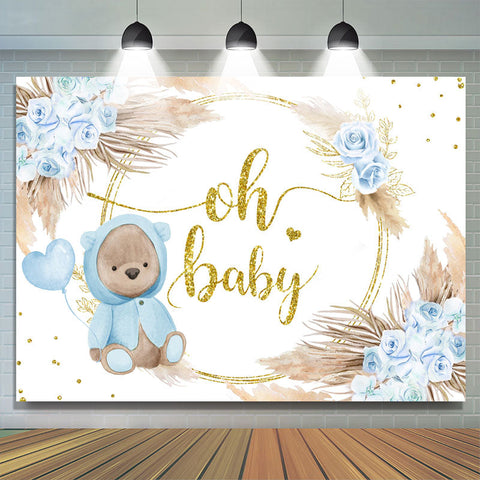 Blue Rose Gold Oh Baby Bear Floral Baby Shower Toile de fond