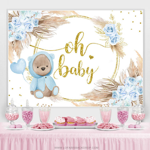 Blue Rose Gold Oh Baby Bear Floral Baby Shower Toile de fond