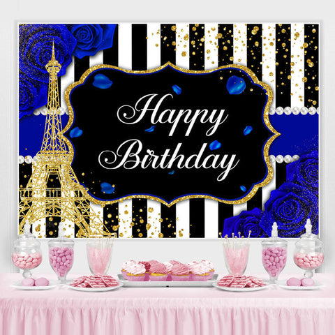 Roses bleues et toile de fond d'anniversaire de la tour Eiffel en or