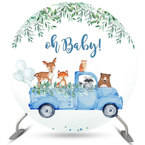 Toile de fond ronde de baby shower d'animaux de feuille verte de camion bleu