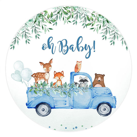 Toile de fond ronde de baby shower d'animaux de feuille verte de camion bleu