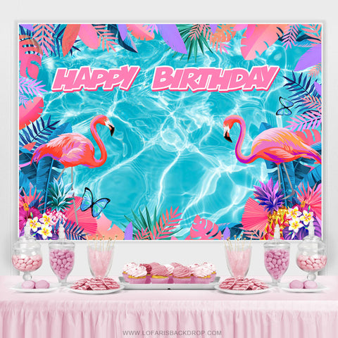 Toile de fond d'anniversaire Blue Water Pink Flamingo Monstera