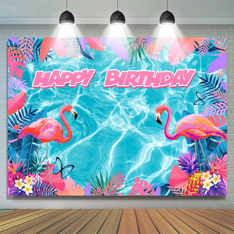 Toile de fond d'anniversaire Blue Water Pink Flamingo Monstera