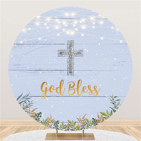 Toile de fond de douche de bébé Blue Wood Silver Glitter God Bless