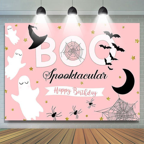 Toile de fond de photomaton d'anniversaire de fête d'Halloween rose BOO