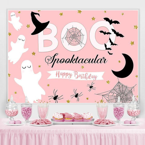 Toile de fond de photomaton d'anniversaire de fête d'Halloween rose BOO