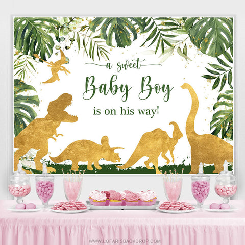 Boy Leaves Dinosaur Safari Gender Reveal Backdrop