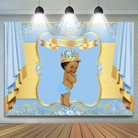 Toile de fond de douche de bébé bleu et couronne dorée pour prince