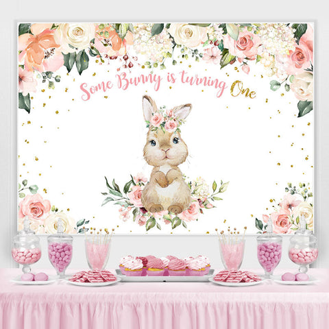 Bunny tourne un et toile de fond thème anniversaire floral