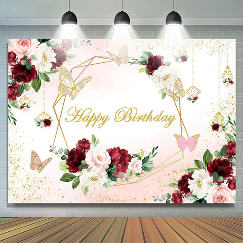 Toile de fond anniversaire papillon fleur bordeaux et rose