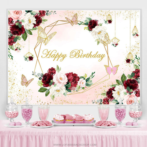 Toile de fond anniversaire papillon fleur bordeaux et rose